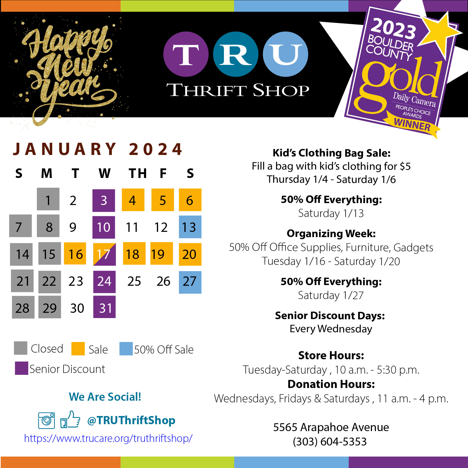 Boulder Thrift Store TRU Community Care Hospice Lafayette CO 80026   January 2024 Calendar 